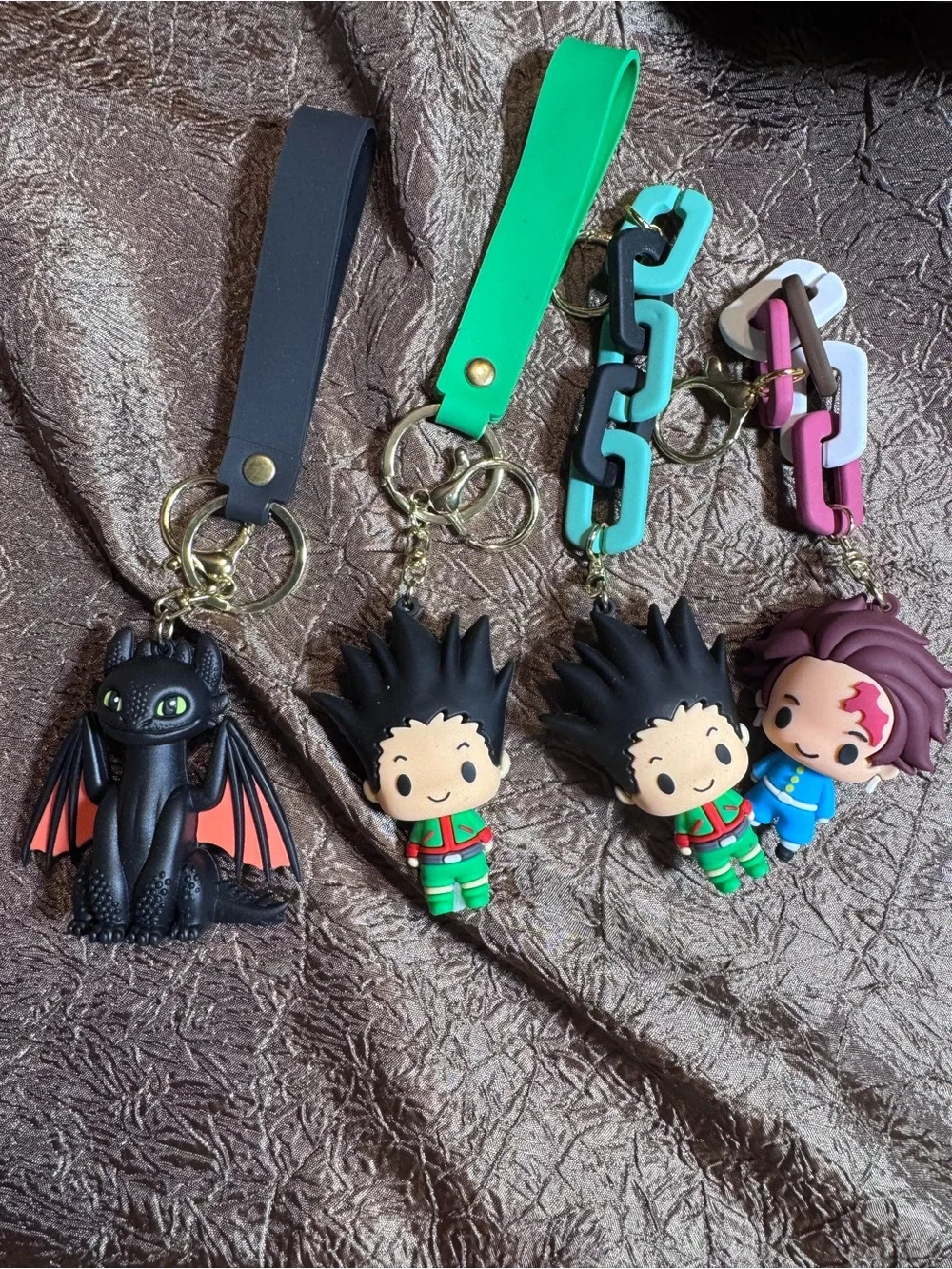 Green and Black Kids Character Keychain Set - Cute Rubber Toy Accessories
